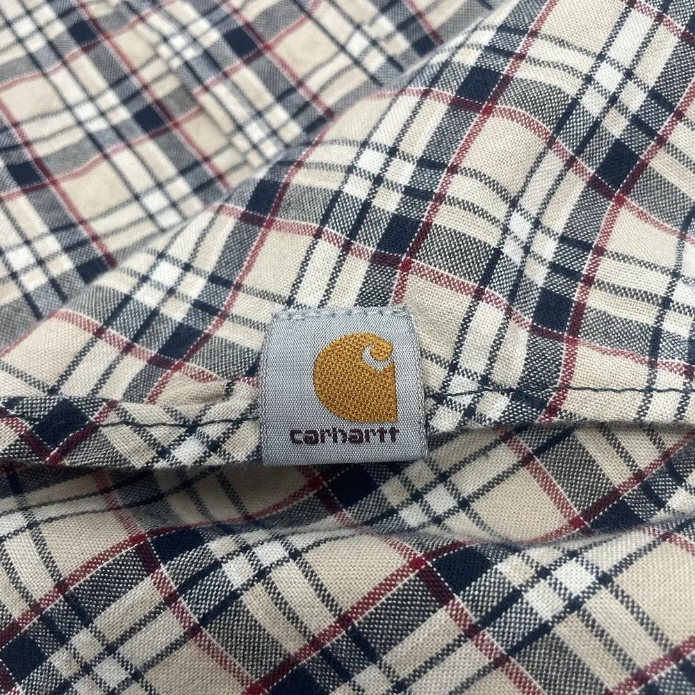 Carhartt Short Sleeve Button Down Shirt Mens Size M Red Blue Brown‎ Plaid Pocket